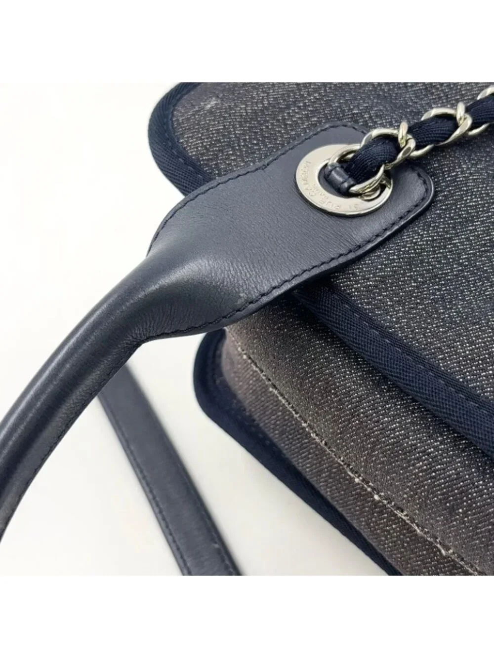 Chanel Deauville Line Bowling 2-Way Leather Denim Navy Blue Handbag Silver